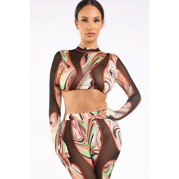 Women's Hollowed Out Fabric Contrast Set Mock Neck Long Sleeve Sexy Cute Outfit - Picture 10 of 10
